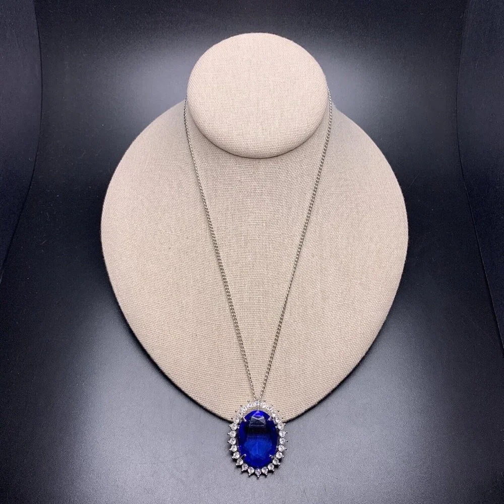 Faux Sapphire Pendant Necklace or Brooch Glass Oval Silver Tone Glam Vintage